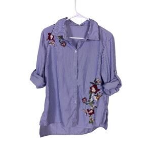Cottagecore Women’s Striped Embroidered Floral Blouse Size Large Vintage Boho
